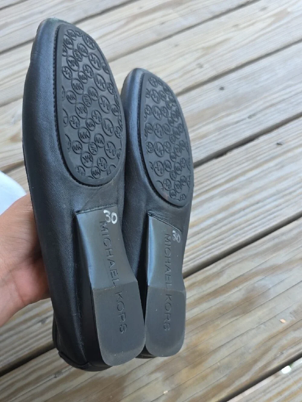 Michael Kors Black Leather Moccasin Loafers with Silver MK Emblem